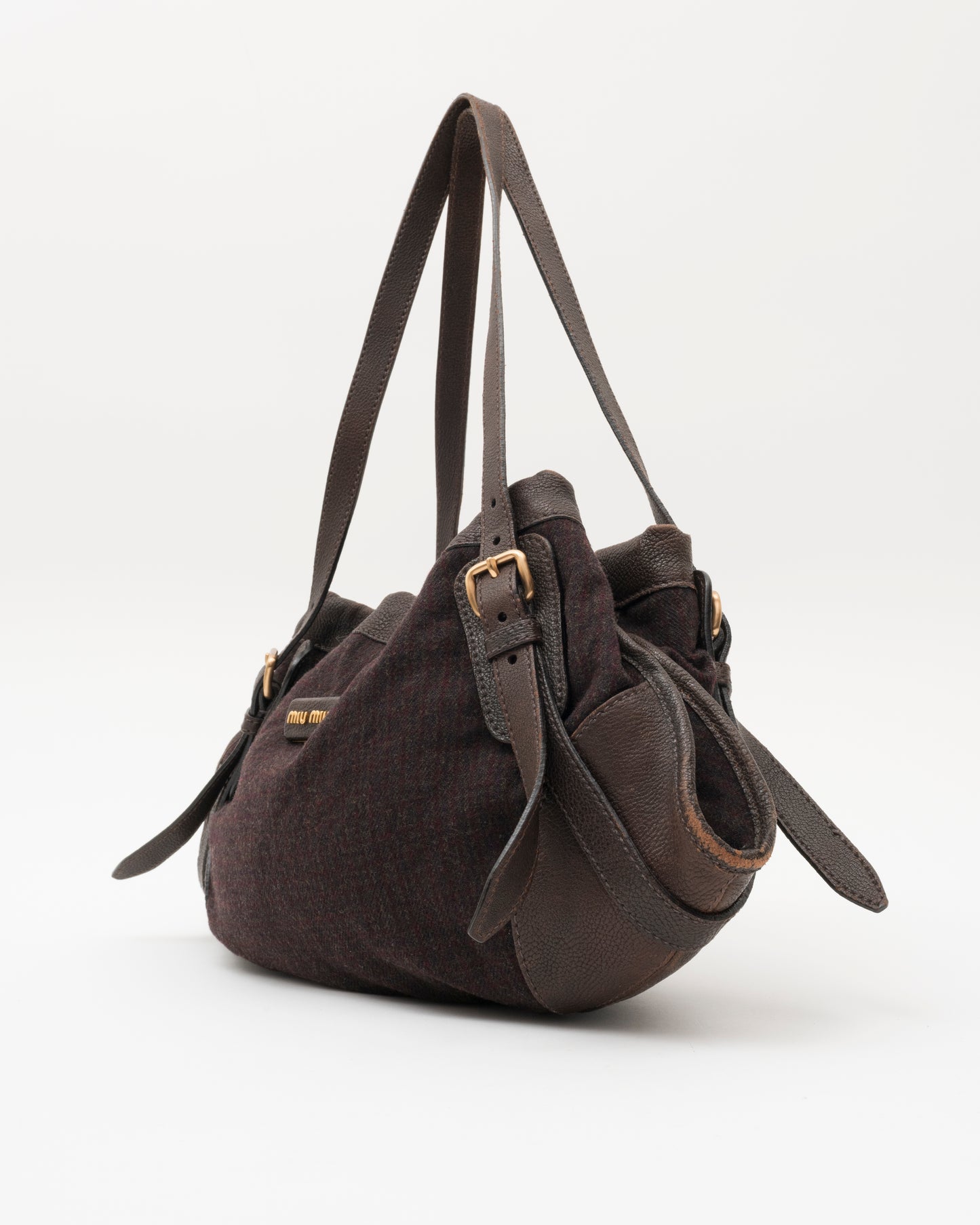90s Rare MIU MIU Brown Wool & Leather Internal Kiss Lock Bag