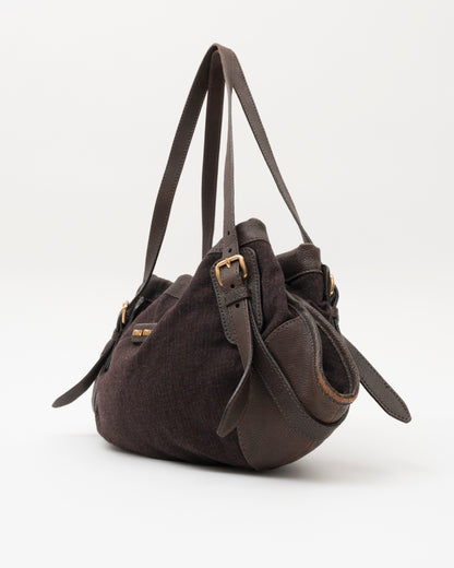 90s Rare MIU MIU Brown Wool & Leather Internal Kiss Lock Bag