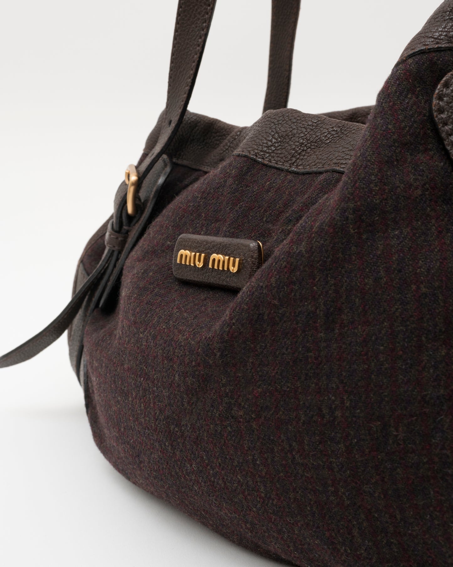 90s Rare MIU MIU Brown Wool & Leather Internal Kiss Lock Bag