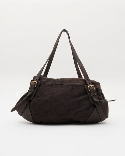 90s Rare MIU MIU Brown Wool & Leather Internal Kiss Lock Bag