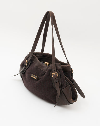 90s Rare MIU MIU Brown Wool & Leather Internal Kiss Lock Bag
