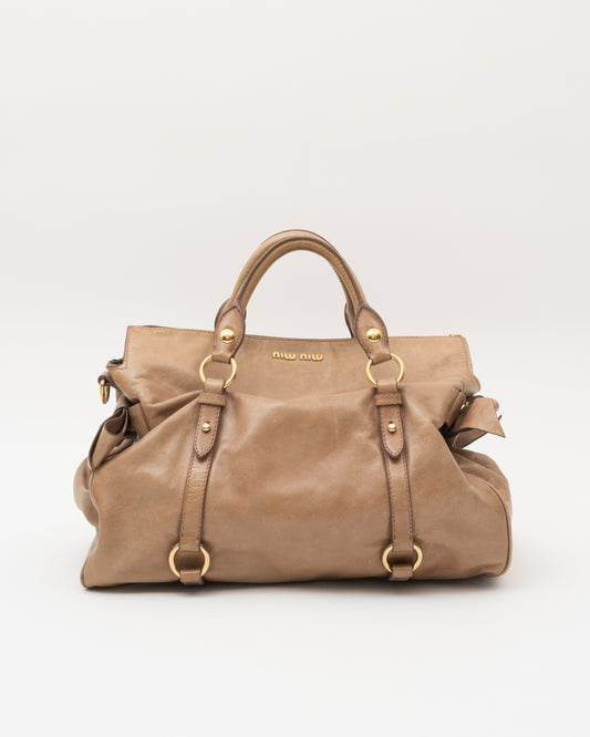 2000s MIU MIU Vitello Lux Taupe Large Bow Bag