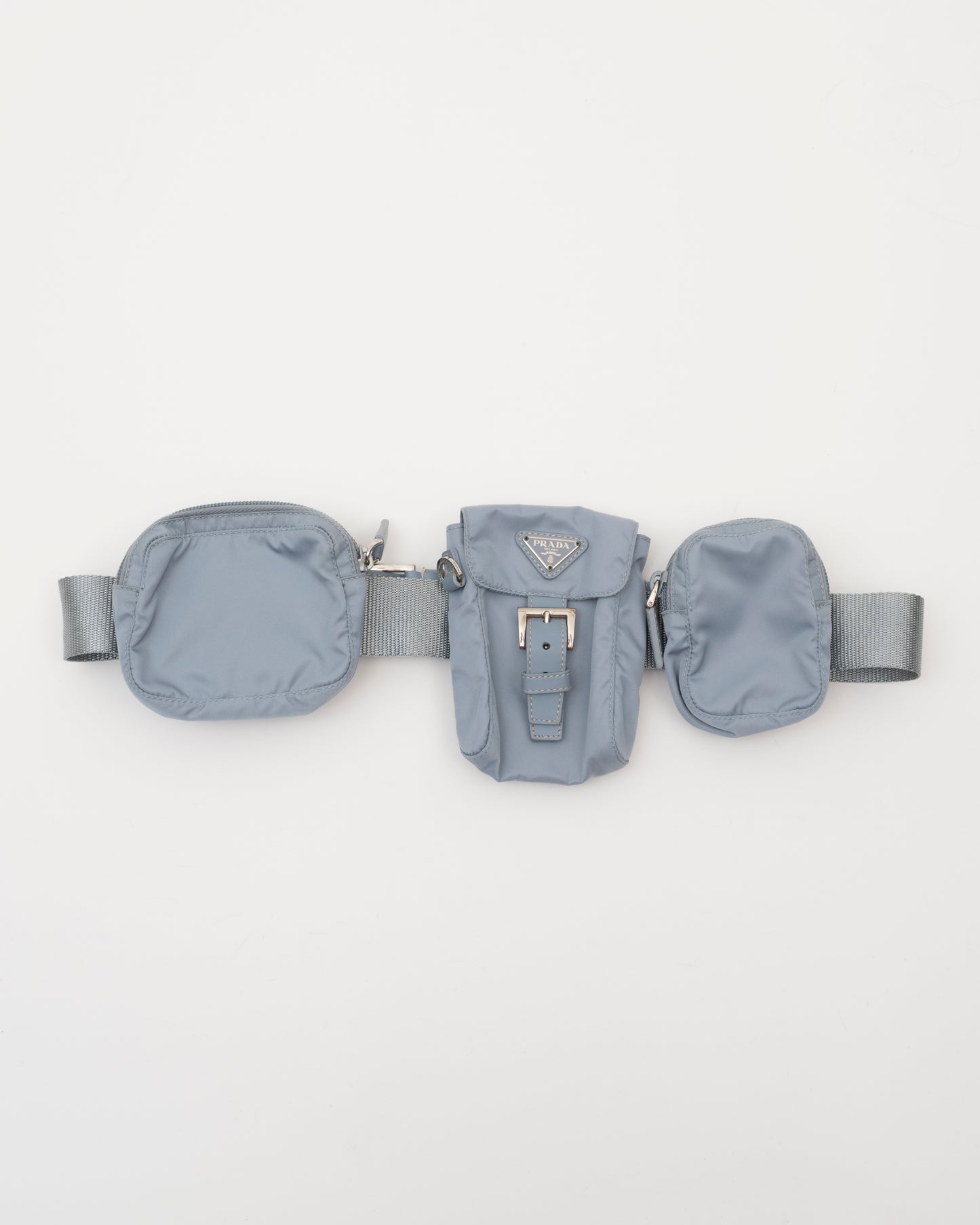 90s Rare PRADA Dusty Blue Tessuto Multi Pocket Waist Bag