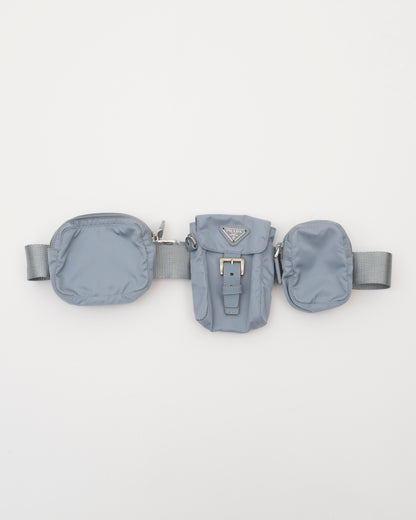90s Rare PRADA Dusty Blue Tessuto Multi Pocket Waist Bag