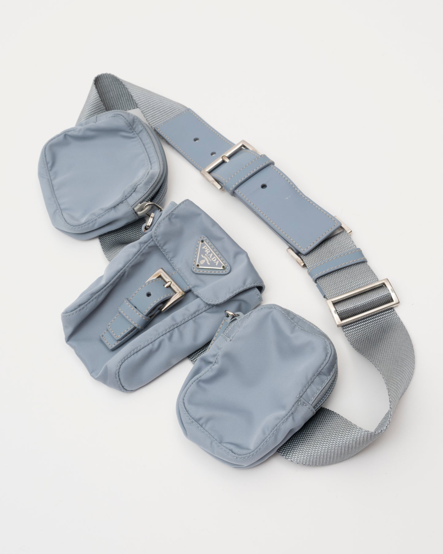 90s Rare PRADA Dusty Blue Tessuto Multi Pocket Waist Bag