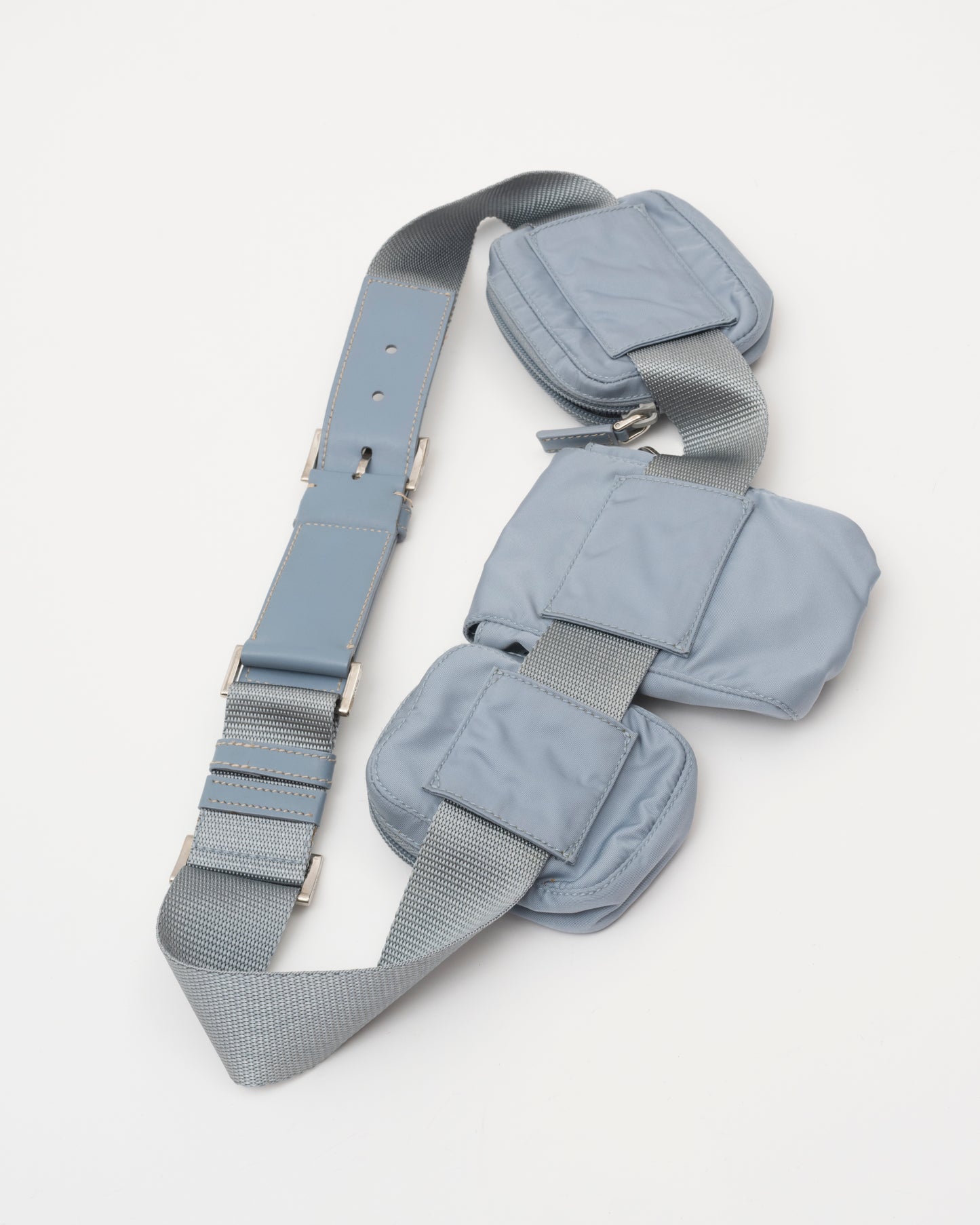 90s Rare PRADA Dusty Blue Tessuto Multi Pocket Waist Bag
