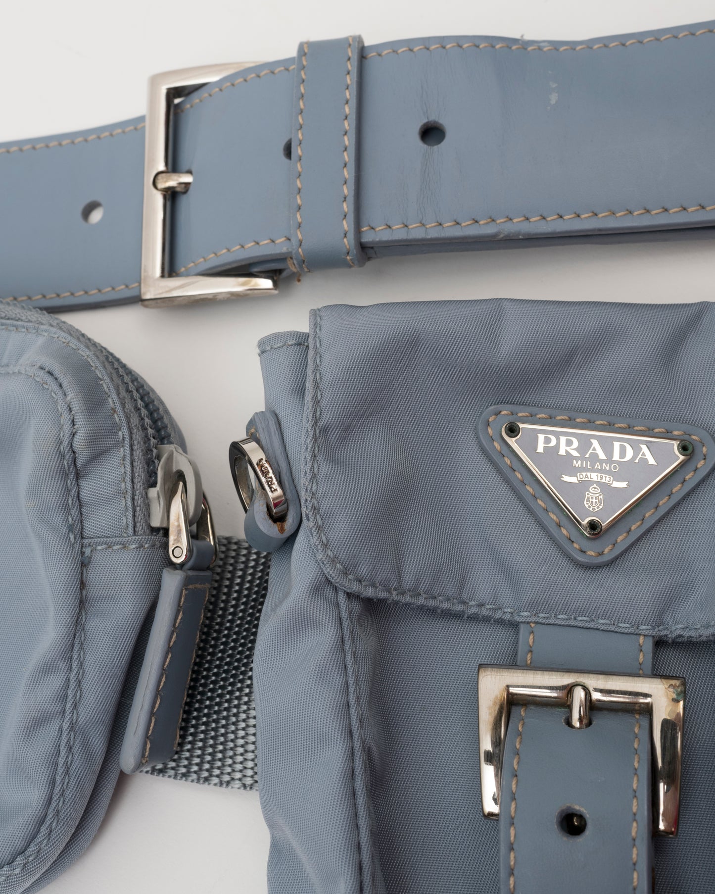 90s Rare PRADA Dusty Blue Tessuto Multi Pocket Waist Bag