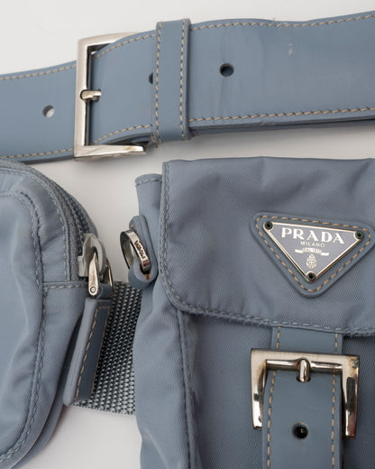 90s Rare PRADA Dusty Blue Tessuto Multi Pocket Waist Bag