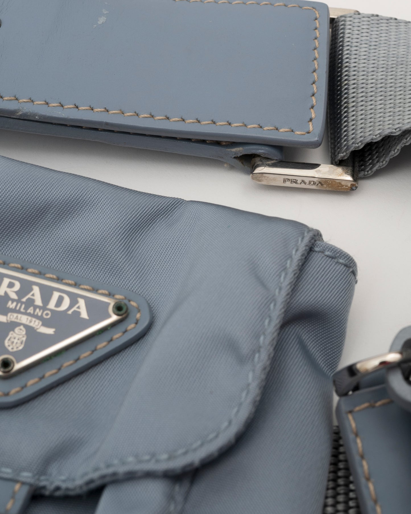 90s Rare PRADA Dusty Blue Tessuto Multi Pocket Waist Bag