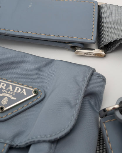 90s Rare PRADA Dusty Blue Tessuto Multi Pocket Waist Bag