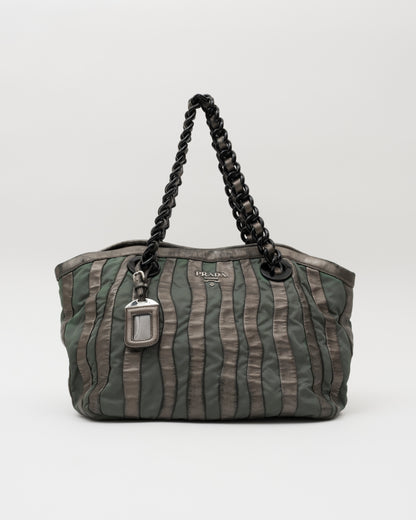 2000s PRADA Grey Metallic Nappa & Green Tessuto Waves Bag