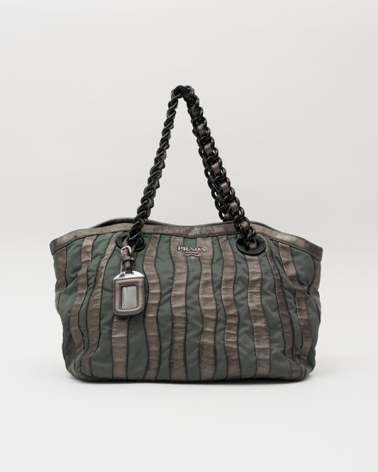 2000s PRADA Grey Metallic Nappa & Green Tessuto Waves Bag