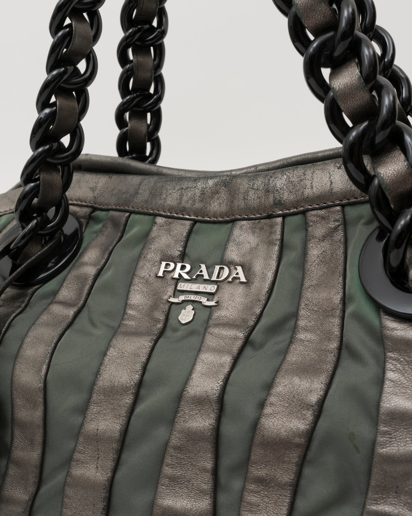 2000s PRADA Grey Metallic Nappa & Green Tessuto Waves Bag