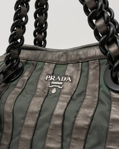 2000s PRADA Grey Metallic Nappa & Green Tessuto Waves Bag