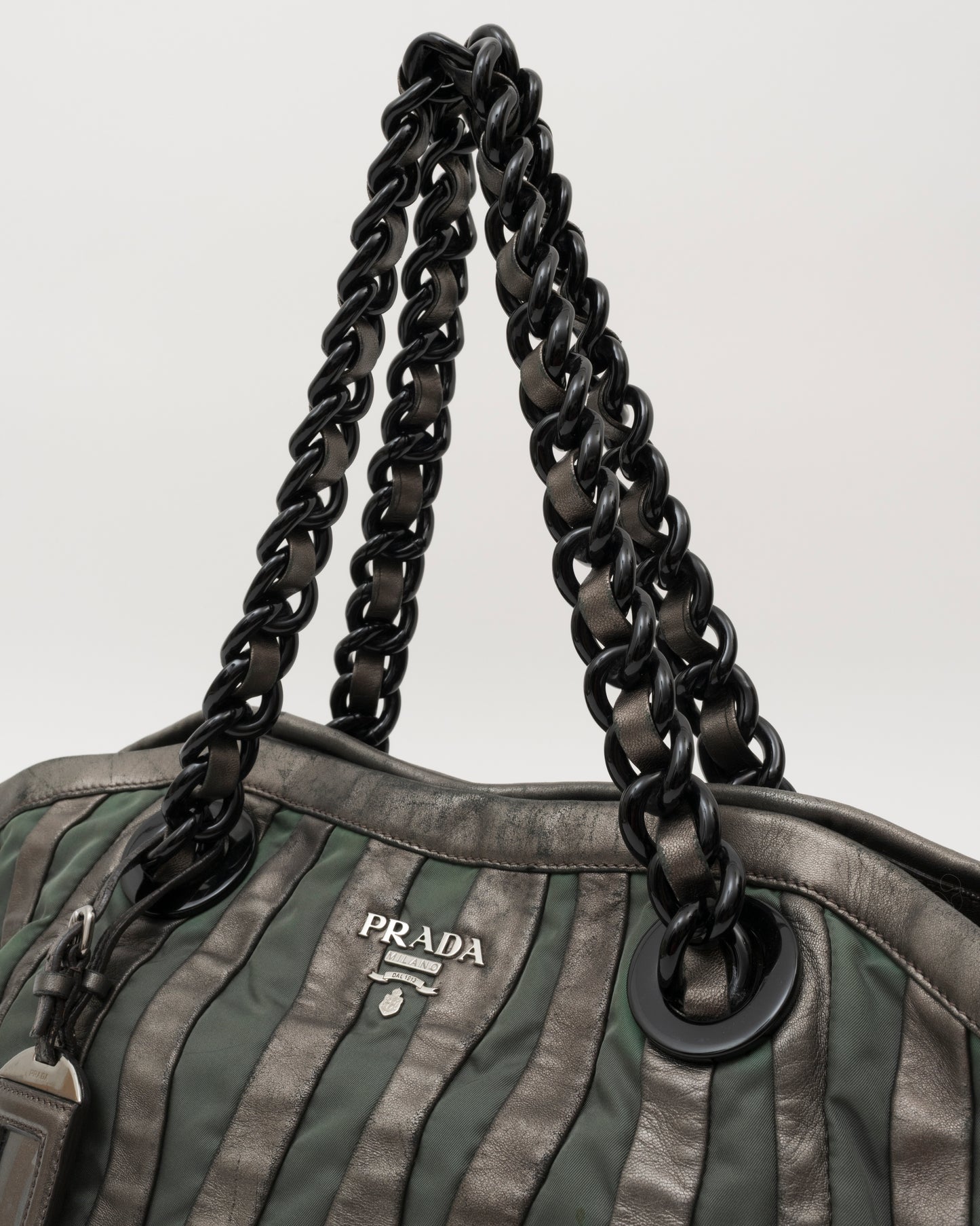 2000s PRADA Grey Metallic Nappa & Green Tessuto Waves Bag