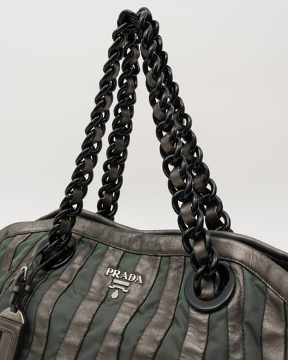 2000s PRADA Grey Metallic Nappa & Green Tessuto Waves Bag