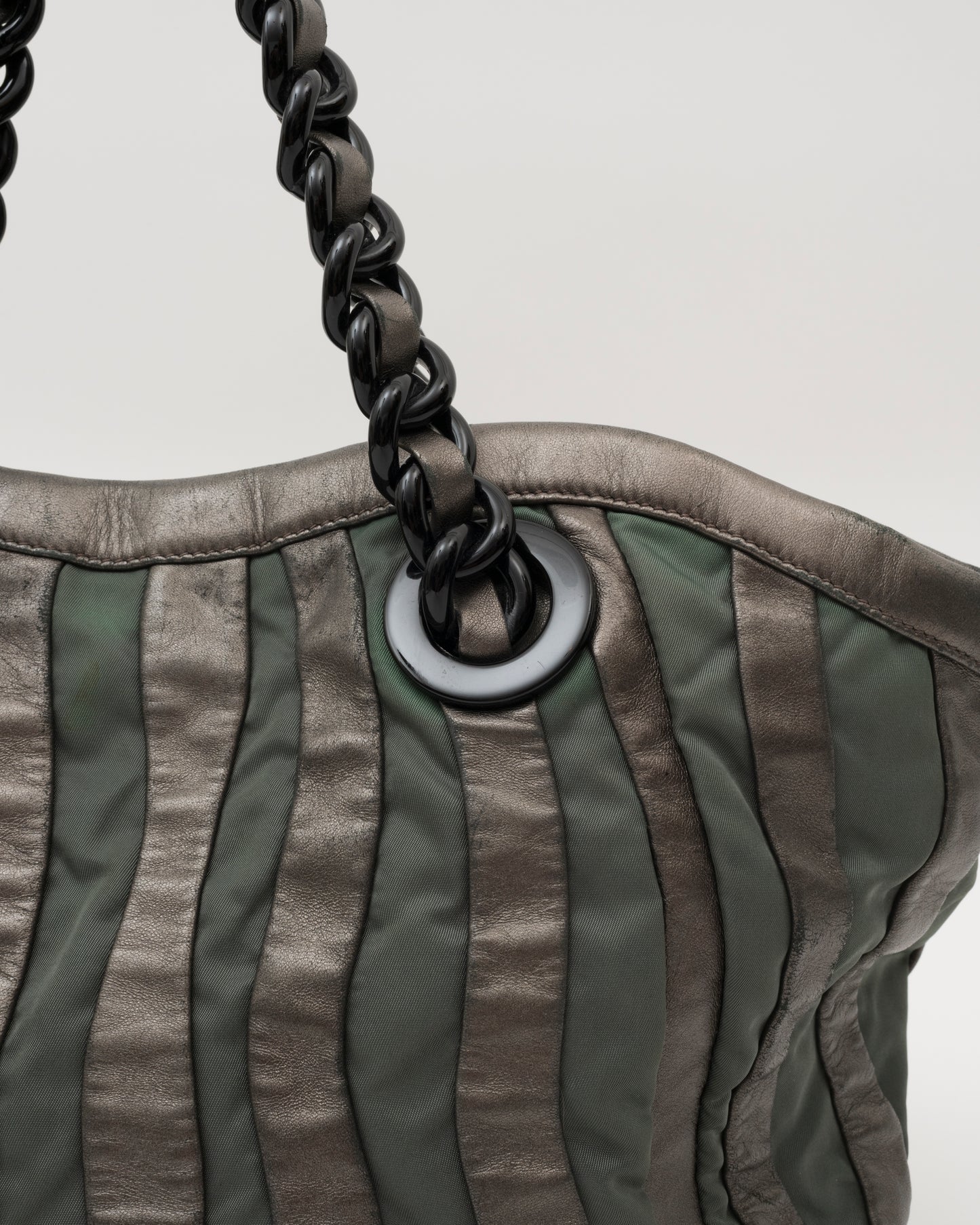 2000s PRADA Grey Metallic Nappa & Green Tessuto Waves Bag