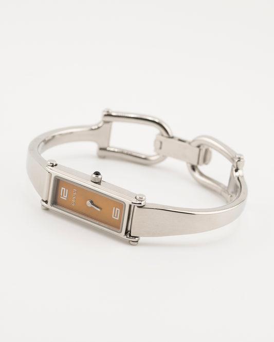 90s GUCCI 1500L Amber Dial Silver Bangle Watch