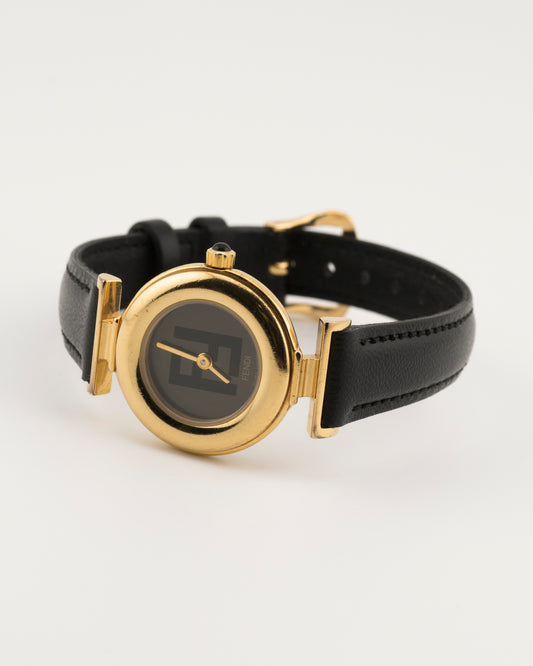 90s FENDI 320L Gold FF Logo Watch w/Black Leather Strap