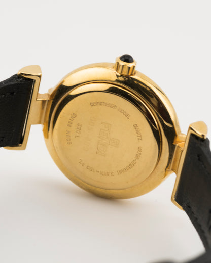 90s FENDI 320L Gold FF Logo Watch w/Black Leather Strap