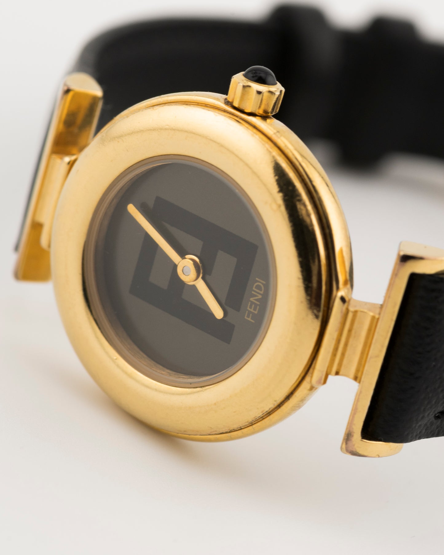 90s FENDI 320L Gold FF Logo Watch w/Black Leather Strap