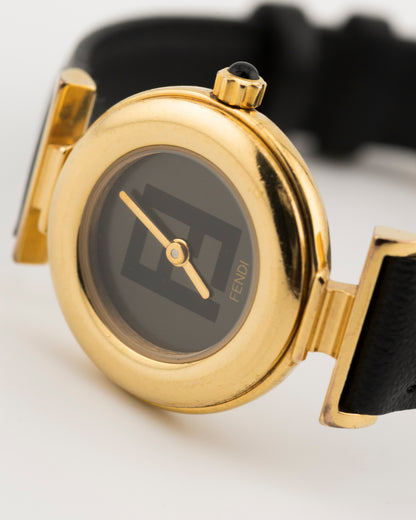 90s FENDI 320L Gold FF Logo Watch w/Black Leather Strap