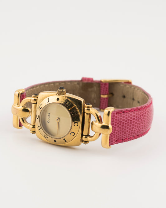 90s GUCCI 6300 Gold Horsebit Watch w/Pink Leather Band