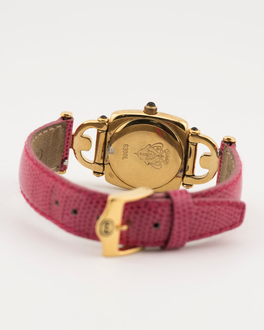 90s GUCCI 6300 Gold Horsebit Watch w/Pink Leather Band