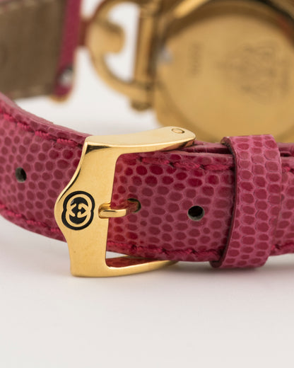 90s GUCCI 6300 Gold Horsebit Watch w/Pink Leather Band