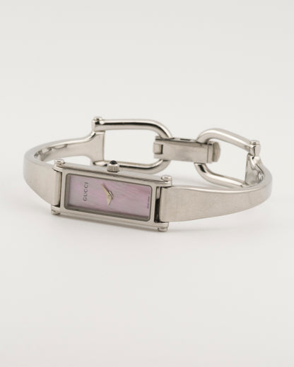 2000s GUCCI 1500L Pink Mother of Pearl Silver Bangle Watch