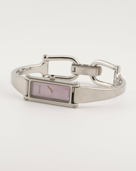2000s GUCCI 1500L Pink Mother of Pearl Silver Bangle Watch