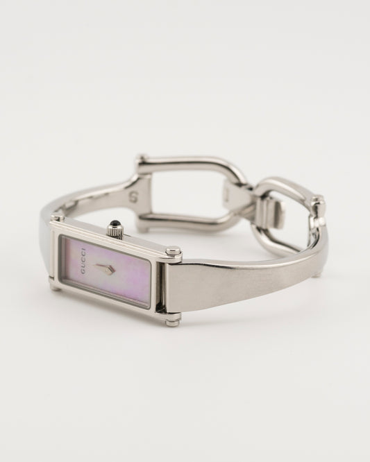 2000s GUCCI 1500L Pink Mother of Pearl Silver Bangle Watch | Small