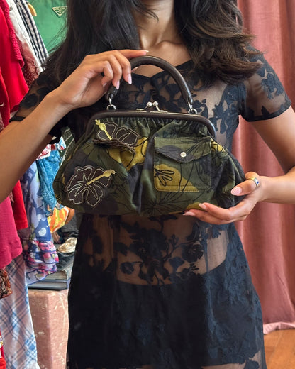 SS2003 MIU MIU Olive Canvas Hawaiian Hibiscus Frame Bag
