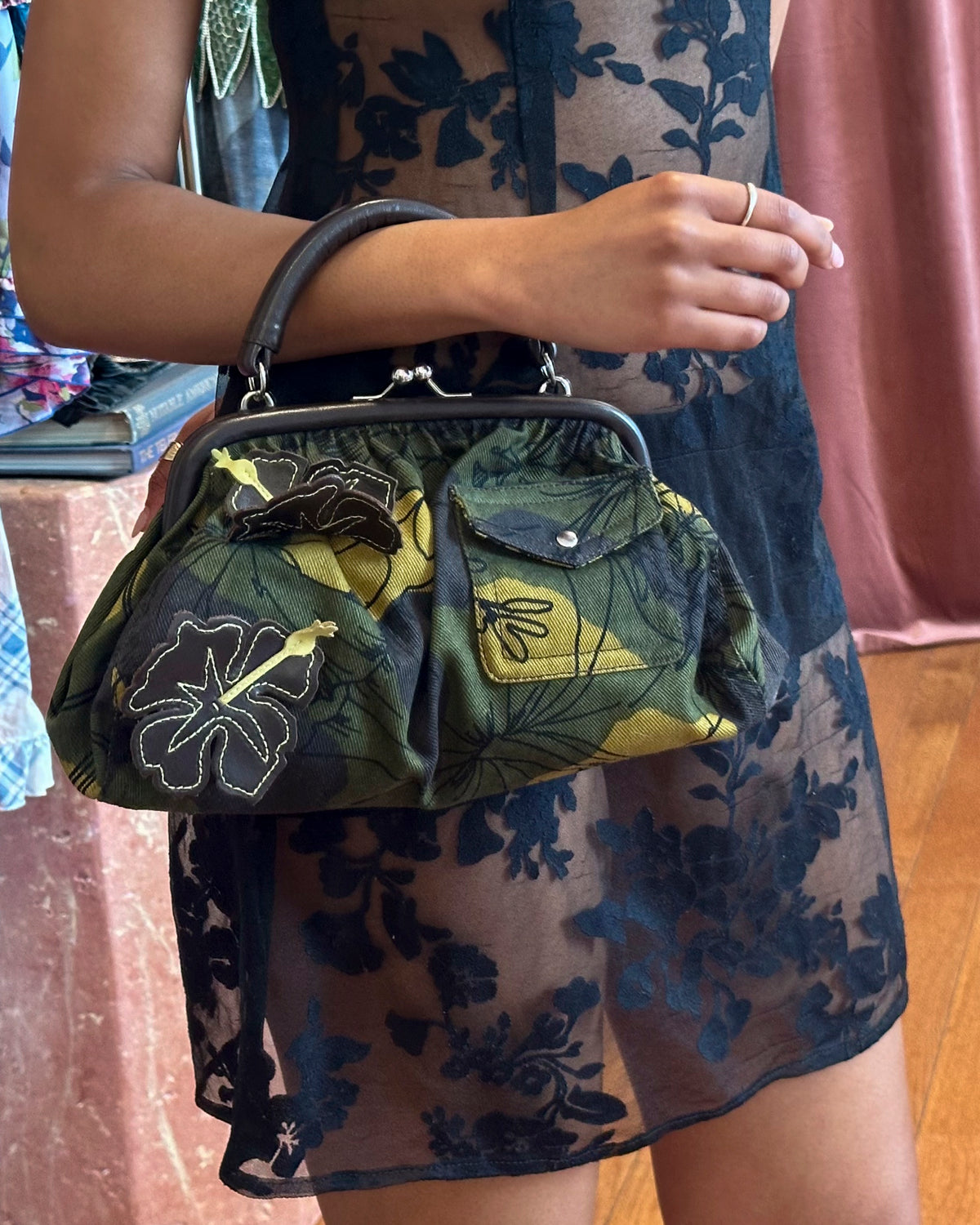 SS2003 MIU MIU Olive Canvas Hawaiian Hibiscus Frame Bag