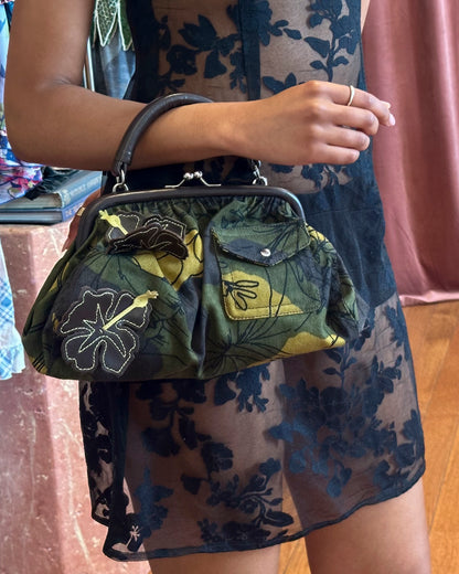 SS2003 MIU MIU Olive Canvas Hawaiian Hibiscus Frame Bag