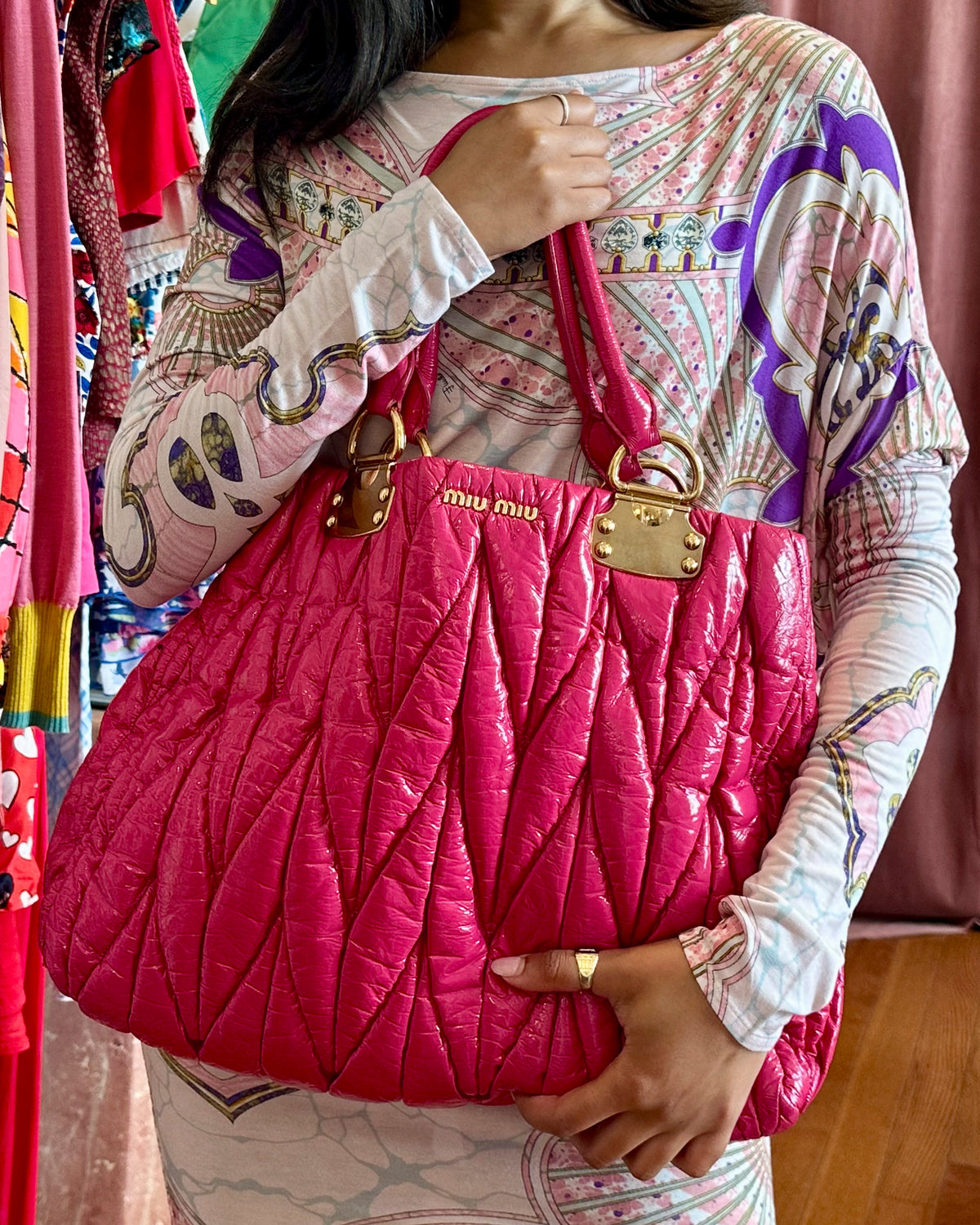 2000s MIU MIU Fuchsia Patent Leather Matelasse Bag