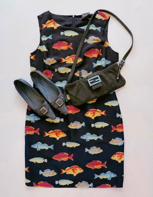 90s ANDREA JOVINE Silk Fish Dress (M)