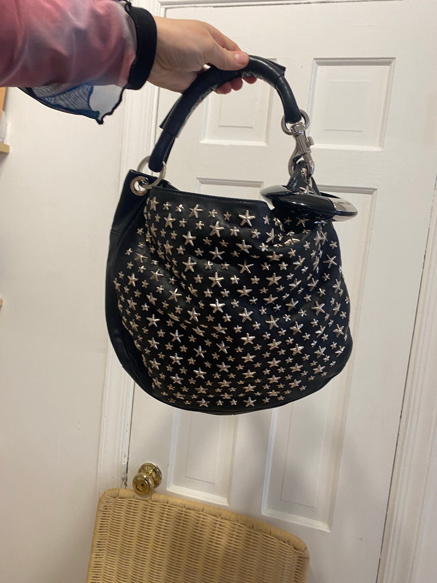 CC VTG JIMMY CHOO Large Blk Star Studded Leather Bag