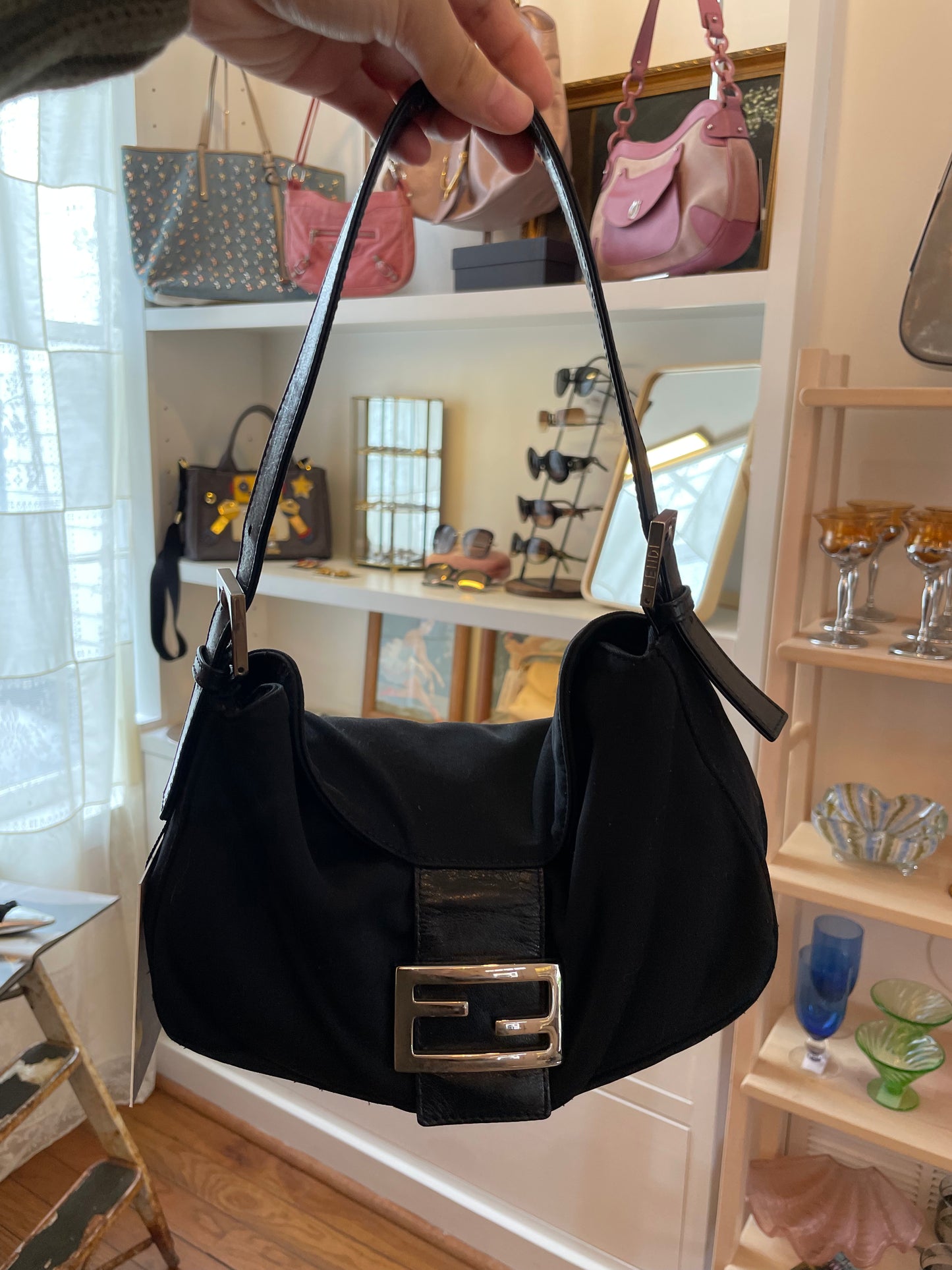 VTG FENDI Black Neoprene Double Flap Baguette