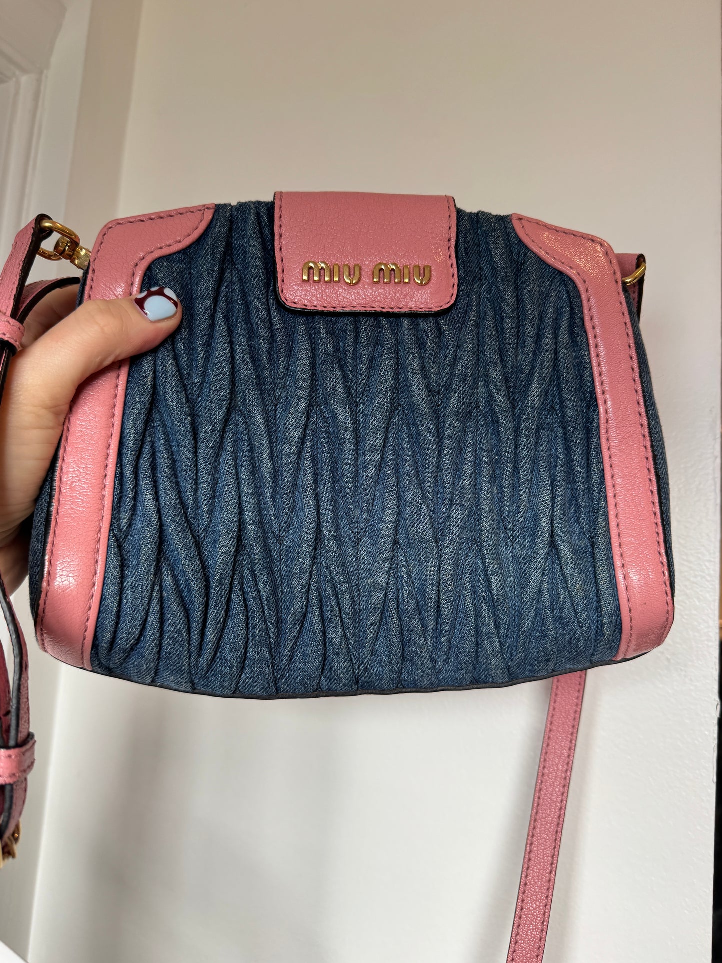 2000s Rare MIU MIU Matelasse Denim+Pink Leather Bag