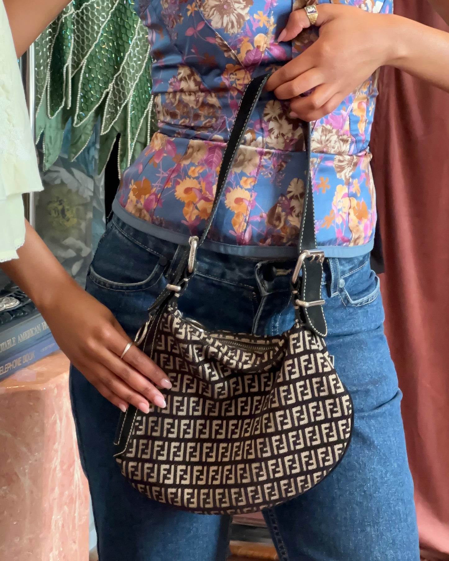 2000s FENDI Zucca Monogram Black Velvet & Canvas Hobo Bag