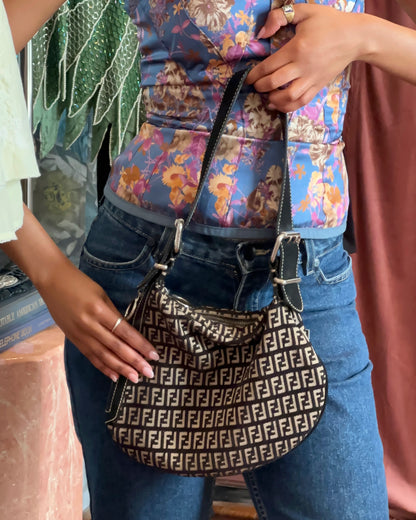 2000s FENDI Zucca Monogram Black Velvet & Canvas Hobo Bag