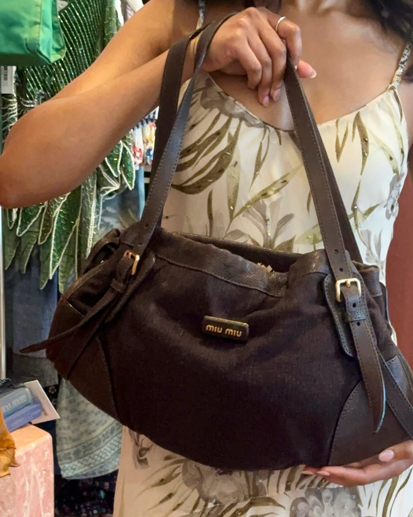 90s Rare MIU MIU Brown Wool & Leather Internal Kiss Lock Bag
