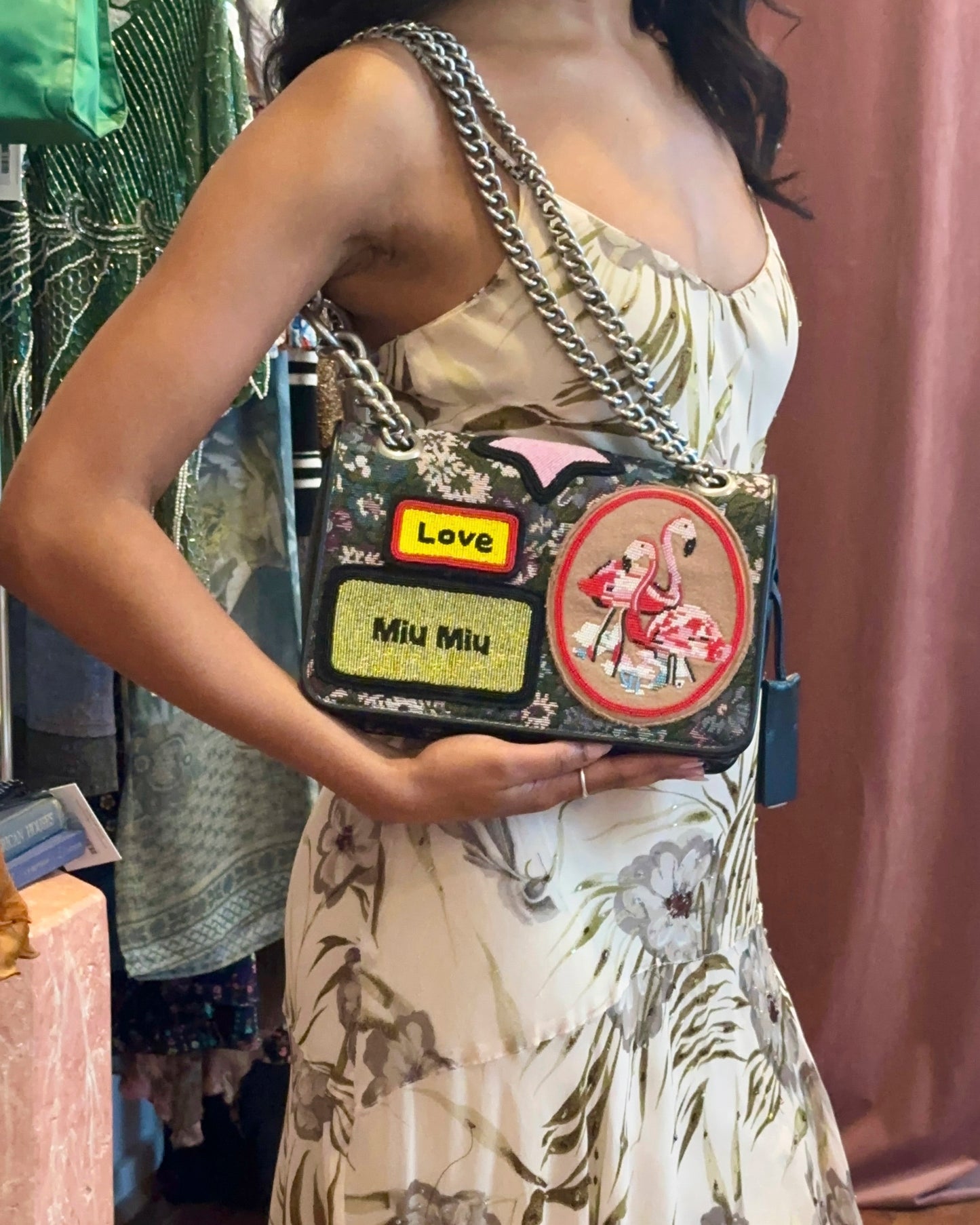 AW2016 MIU MIU Appliqued Floral Jacquard Club Shoulder Bag