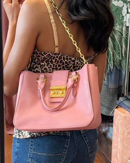 2000s MIU MIU Pink Madras Leather Structured Lock Satchel