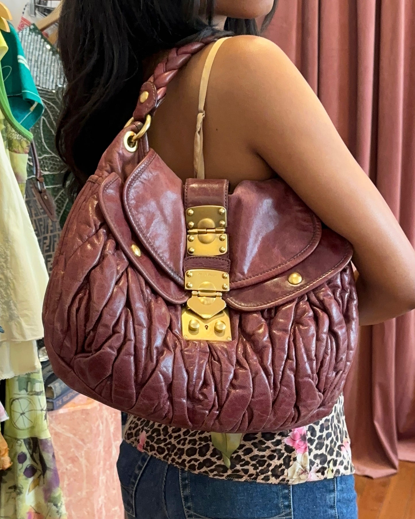2000s MIU MIU Maroon Matelasse Leather Coffer Bag