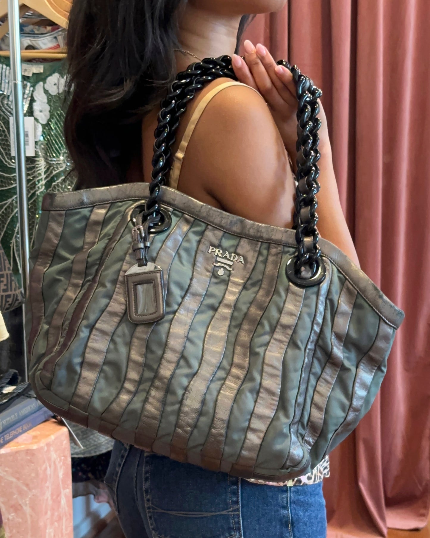 2000s PRADA Grey Metallic Nappa & Green Tessuto Waves Bag