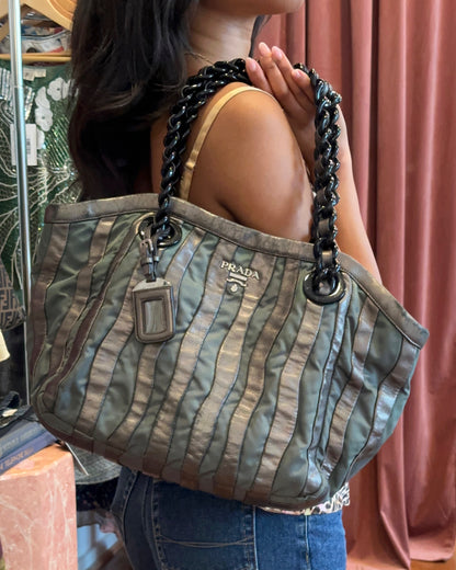 2000s PRADA Grey Metallic Nappa & Green Tessuto Waves Bag