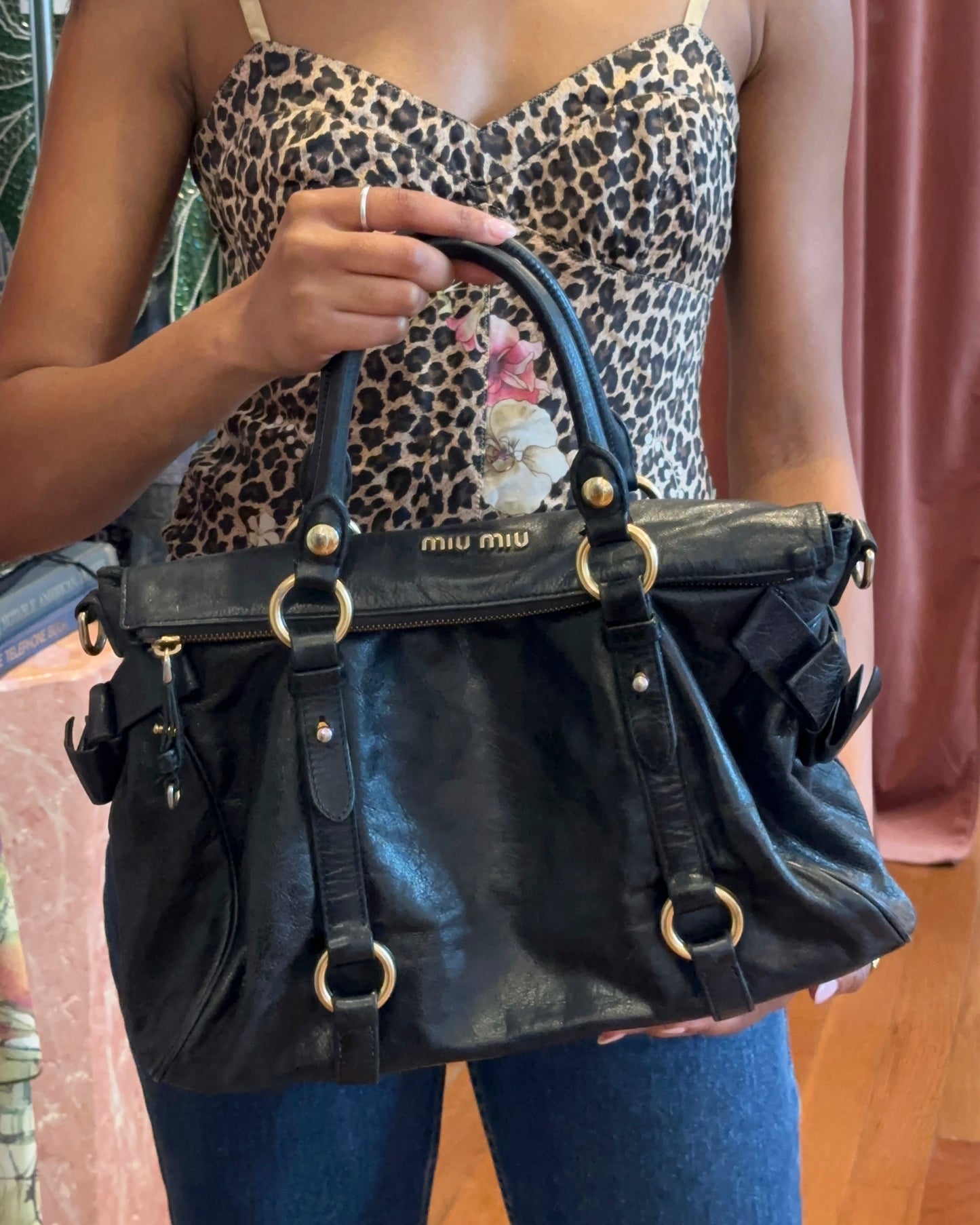 2000s MIU MIU Vitello Lux Black Large Bow Bag