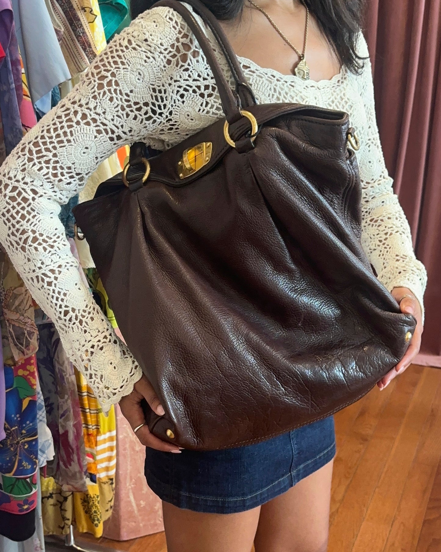 2000s MIU MIU Chocolate Brown Vitello Lux Turn-Lock Bag